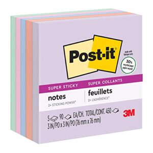post-it super sticky recycled notes, 3 x 3 in, 5 pads, 2x the sticking power, wanderlust collection, pastel colors, 30% recycled paper (654-5ssnrp)