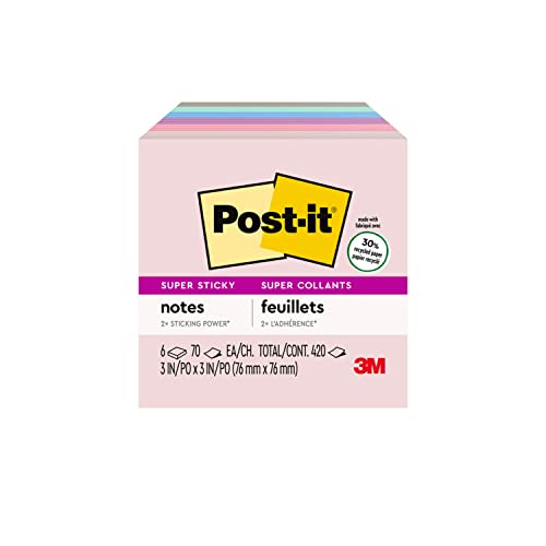 Post-it Super Sticky Recycled Notes, 3 x 3 in, 5 Pads, 2x the Sticking Power, Wanderlust Collection, Pastel Colors, 30% Recycled Paper (654-5SSNRP)