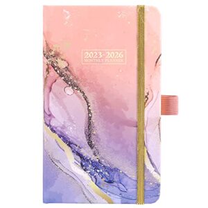 pocket planner/calendar 2023-2026 – monthly pocket planner/calendar with 63 notes pages, jul. 2023 – jun. 2026, 3.8″ x 6.4″, 3 year monthly planner with inner pocket + pen hold – purple waterink