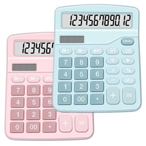 Calculators, Splaks 2 Pack Standard Functional Desktop Calculators Sola and AA Battery Dual Power Electronic Basic Calculator with 12-Digit Large Display for Office, Home, School (1 Blue & 1 Pink)