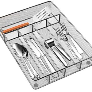 Pipishell Mesh Cutlery Tray 5 Compartments Silverware Drawer Organizer Kitchen Utensils Flatware Storage Drawer Dividers Holder with No-Slip Foam Feet for Knives Fork Spoon and Office Supplies