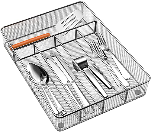 Pipishell Mesh Cutlery Tray 5 Compartments Silverware Drawer Organizer Kitchen Utensils Flatware Storage Drawer Dividers Holder with No-Slip Foam Feet for Knives Fork Spoon and Office Supplies