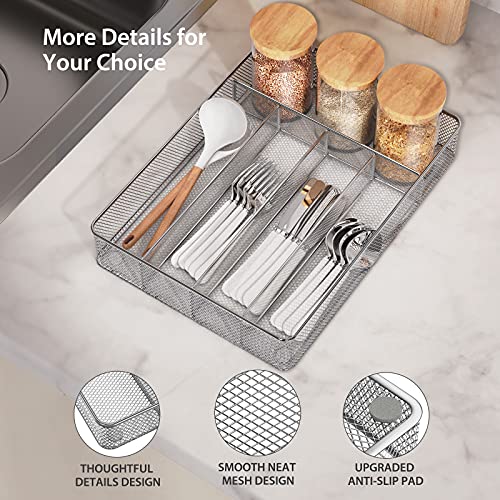 Pipishell Mesh Cutlery Tray 5 Compartments Silverware Drawer Organizer Kitchen Utensils Flatware Storage Drawer Dividers Holder with No-Slip Foam Feet for Knives Fork Spoon and Office Supplies