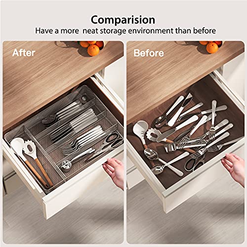 Pipishell Mesh Cutlery Tray 5 Compartments Silverware Drawer Organizer Kitchen Utensils Flatware Storage Drawer Dividers Holder with No-Slip Foam Feet for Knives Fork Spoon and Office Supplies