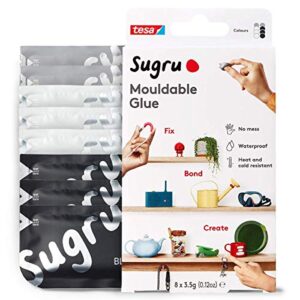 sugru by tesa – moldable multi-purpose, silicone adhesive glue – for creative fixing, repairing, pasting & personalizing – outdoor & indoor home diy projects – 8 pack – black, white & gray (3.5g/ea)