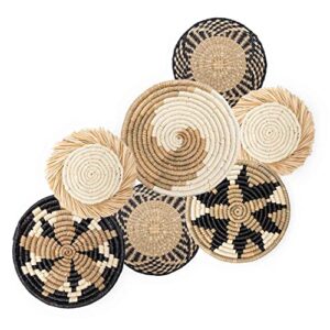 hanging woven wall basket set – 7 unique handcrafted seagrass baskets for boho, farmhouse & rustic wall decor, table settings & more – ready to hang with nails & marking pencil included