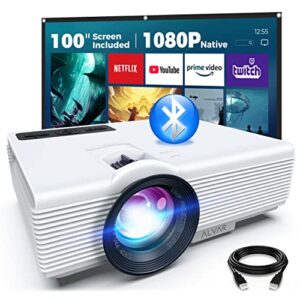 native 1080p bluetooth projector with 100” screen, alvar 10000 lux & 400 ansi portable outdoor movie mini projector, 60000 hrs led lamp life, compatible with tv stick, hdmi and usb