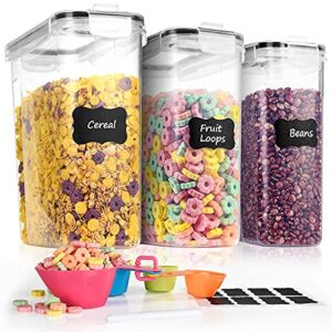 3 pk cereal containers storage set 135.2oz/4l each, airtight food storage containers, large cereal dispenser, kitchen pantry organization containers, with labels and measuring spoons