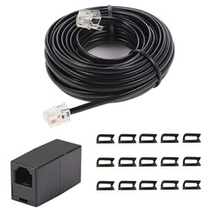 20feet long telephone extension cord phone cable line wire, with standard rj11 plug and 1 in-line couplers and 10 cable clip holders-black (20 feet)