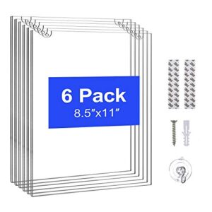 Acrylic Sign Holder 8.5" X 11" - Wall Mount Acrylic Frames for Picture, Poster and Flyer - Clear Plastic Sign Holder with 3M Tape Adhesive, Suction Cups and Screws, Pack of 6 Thick Poster Holder