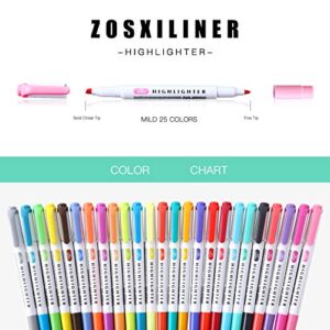 Highlighter Double Ended Mild color Highlighter Fluorescent Marker pen for Coloring, Underlining, Highlighting,Broad and Fine Tips,Assorted 25 Colors (25 Color set)