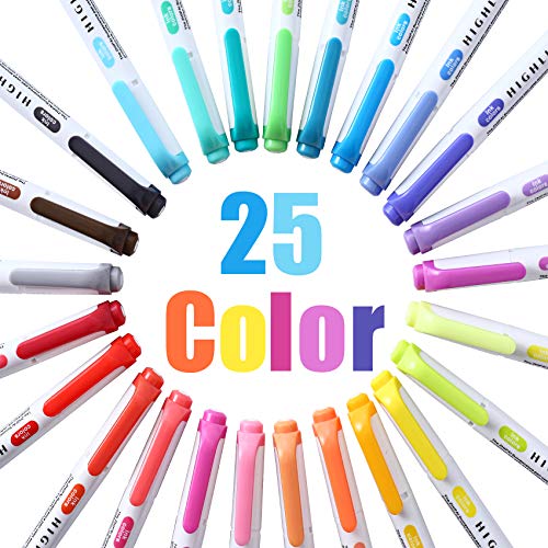 Highlighter Double Ended Mild color Highlighter Fluorescent Marker pen for Coloring, Underlining, Highlighting,Broad and Fine Tips,Assorted 25 Colors (25 Color set)