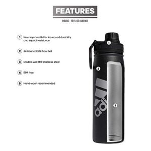 adidas 600 ML (20 oz) Water Bottle, Hot/Cold Double-Walled Insulated 18/8 Stainless Steel, Black/Silver Metallic, One Size