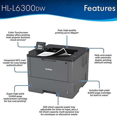 Brother HL-L6300DWB Wireless Single-Function Monochrome Laser Printer, Gray - Print only - 48 ppm, 1200 x 1200 dpi, 8.5 x 14, 256MB Memory, Auto Duplex Printing, 520 Sheet, Ethernet