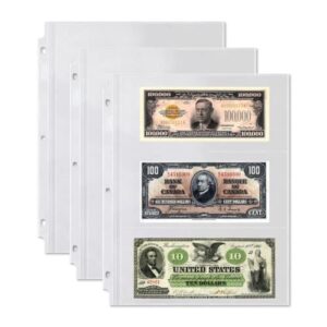 dunwell binder currency sleeves for collectors – (25 pack), acid-free 3-pocket clear plastic currency pages for three ring binder, refill currency binder pages for bills, banknotes or coupons
