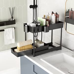 Under Sink Organizers and Storage,2 Pack 2 Tier Pull Out Drawers Sliding Under Cabinet Organizer, Bathroom Organizer Under Kitchen Sink Storage, Under Sink Shelf Baskets with 4 Cups 8 Hooks,Black