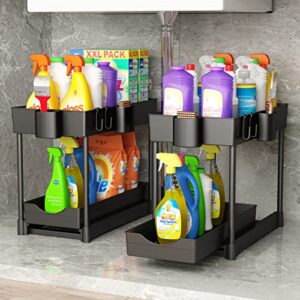 under sink organizers and storage,2 pack 2 tier pull out drawers sliding under cabinet organizer, bathroom organizer under kitchen sink storage, under sink shelf baskets with 4 cups 8 hooks,black