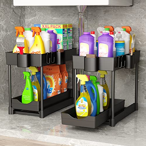 Under Sink Organizers and Storage,2 Pack 2 Tier Pull Out Drawers Sliding Under Cabinet Organizer, Bathroom Organizer Under Kitchen Sink Storage, Under Sink Shelf Baskets with 4 Cups 8 Hooks,Black