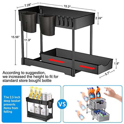 Under Sink Organizers and Storage,2 Pack 2 Tier Pull Out Drawers Sliding Under Cabinet Organizer, Bathroom Organizer Under Kitchen Sink Storage, Under Sink Shelf Baskets with 4 Cups 8 Hooks,Black