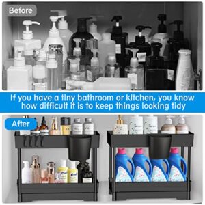 Under Sink Organizers and Storage,2 Pack 2 Tier Pull Out Drawers Sliding Under Cabinet Organizer, Bathroom Organizer Under Kitchen Sink Storage, Under Sink Shelf Baskets with 4 Cups 8 Hooks,Black