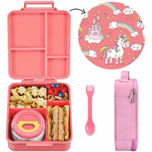 maison huis bento lunch box for kids with 8oz soup thermos, leakproof lunch compartment containers with 4 compartment bento box, thermos food jar and lunch bag, bpa free,travel, school(unicorn)