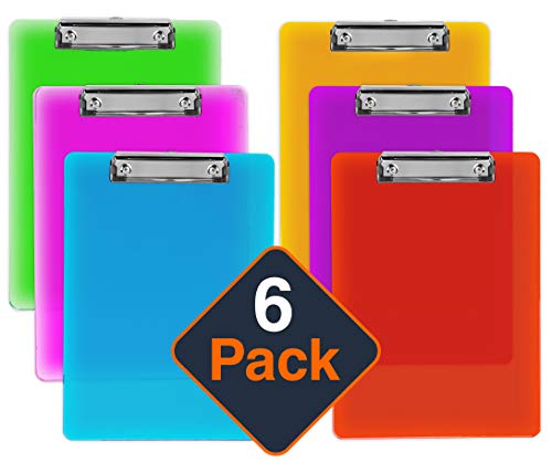 Plastic Clipboards (Set of 6) Multi Pack Clipboard (Colored Assorted) Strong 12.5 x 9 Inch | Holds 100 Sheets! Acrylic Clipboards with Low Profile Clip | Cute Clip Boards Board Clips