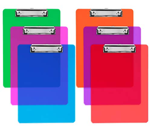 Plastic Clipboards (Set of 6) Multi Pack Clipboard (Colored Assorted) Strong 12.5 x 9 Inch | Holds 100 Sheets! Acrylic Clipboards with Low Profile Clip | Cute Clip Boards Board Clips