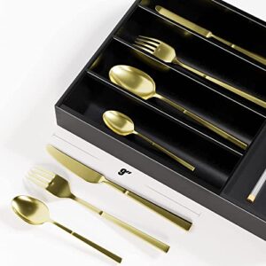 Silverware Drawer Organizer Cutlery Tray - Bamboo Black Small Kitchen Gadgets Holder&Flatware Storage 14"D * 10-1/4"W * 2"H