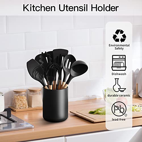 Kitchen Utensil Holder for Countertop, Black Ceramic Kitchen Utensils Crock for Counter Organizer, Matte Spatula Holder for Cooking Storage 4.4 * 6.2 IN