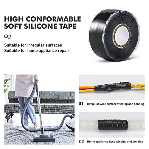 CLAVICHORD Seal Self Fusing Silicone Tape - 1 Inch Wide and 15 Feet Long Weatherproof Self Fusing Silicone Sealing Tape for Emergency Pipeline Repair/Cable Bandage/Tool Fixing（Black）