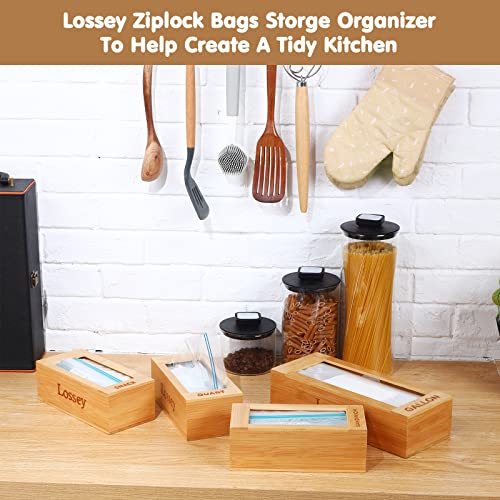 Lossey Ziplock Bag Organizer for Drawer, Food Storage Bags Organizer, Plastic Bag Organizer, Bamboo Reusable Baggies Dispenser Container for Gallon Quart Sandwich Snack Quart Slider Sizes