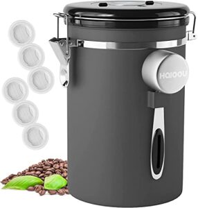 haioou airtight coffee canister, 22oz large stainless steel coffee bean storage container with date tracker, measuring scoop, co2 releasing valves and mini tongs for beans, grounds and more – gray