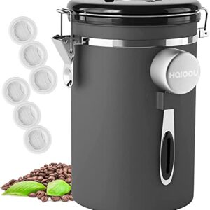 HAIOOU Airtight Coffee Canister, 22OZ Large Stainless Steel Coffee Bean Storage Container with Date Tracker, Measuring Scoop, CO2 Releasing Valves and Mini Tongs for Beans, Grounds and more - Gray