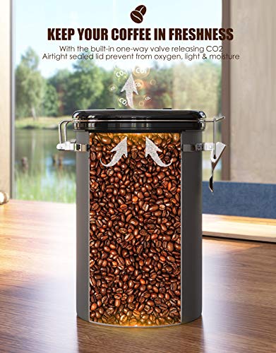 HAIOOU Airtight Coffee Canister, 22OZ Large Stainless Steel Coffee Bean Storage Container with Date Tracker, Measuring Scoop, CO2 Releasing Valves and Mini Tongs for Beans, Grounds and more - Gray