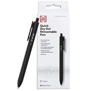 staples tru red retractable quick dry gel pens, black, 0.7mm medium point (1 dozen pens) – smooth-flowing black ink pen with full rubberized barrel for comfort, acid-free gel pens