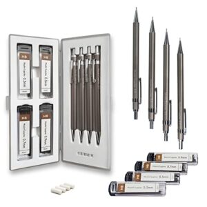 MozArt Mechanical Pencil Set with Case - 4 Sizes: 0.3, 0.5, 0.7 & 0.9mm with 30 HB Lead Refills Each & 4 Eraser Refills - Sketching, Architecture, Drawing Mechanical Pencils, Metal Mechanical Pencil