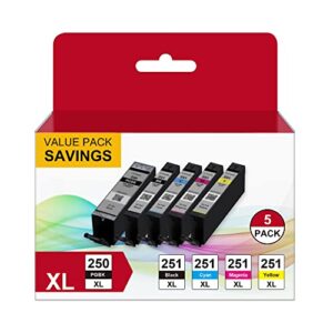 pgi-250xl cli-251xl 5 color pack compatible replacement for canon 250 251 ink cartridge to use with pixma mx922 mx920 ix6820 ip8720 mg5420 mg5520 mg6620 printer (pgbk, black, cyan, magenta, yellow)