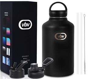 vbv insulated water bottle – 64 oz, 3 lids (straw lid), half gallon large metal stainless steel water jug, big double wall vacuum flask, leakproof keep cold & hot for sports and travel
