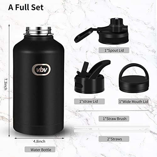 vbv Insulated Water Bottle - 64 Oz, 3 Lids (Straw Lid), Half Gallon Large Metal Stainless Steel Water Jug, Big Double Wall Vacuum Flask, Leakproof Keep Cold & Hot for Sports and Travel