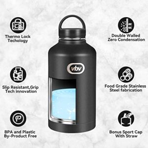 vbv Insulated Water Bottle - 64 Oz, 3 Lids (Straw Lid), Half Gallon Large Metal Stainless Steel Water Jug, Big Double Wall Vacuum Flask, Leakproof Keep Cold & Hot for Sports and Travel