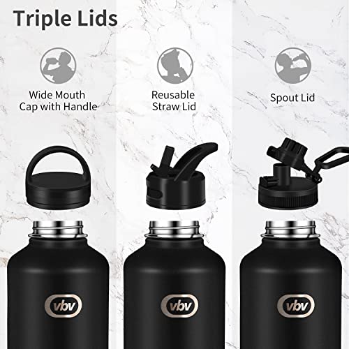 vbv Insulated Water Bottle - 64 Oz, 3 Lids (Straw Lid), Half Gallon Large Metal Stainless Steel Water Jug, Big Double Wall Vacuum Flask, Leakproof Keep Cold & Hot for Sports and Travel