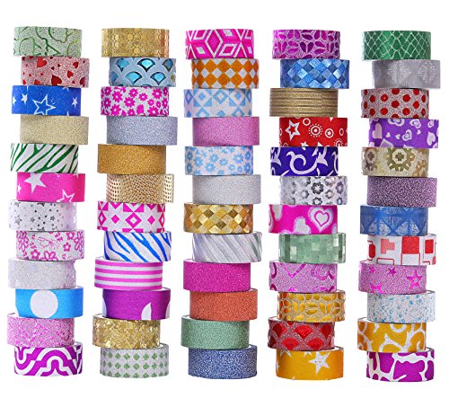 MPOPUUL Glitter Washi Tape Set 60 Rolls, Washi Masking Decorative Tapes for Journaling DIY Decor Planners Scrapbooking Adhesive School/Party Supplies