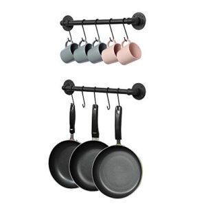 OROPY Wall Mounted Pot Pan Rack 21'' Set of 2, Industrial Utensils Wall Hanger Iron Pipe Kitchen Hanging Rail with 10 S Hooks
