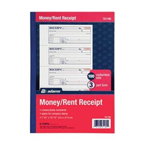 adams money and rent receipt book, 3-part, carbonless, white/canary/pink, 7-5/8″ x 10-7/8″, bound wraparound cover, 100 sets per book, 4 receipts per page (tc1182)