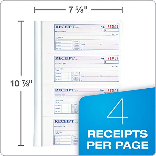 Adams Money and Rent Receipt Book, 3-Part, Carbonless, White/Canary/Pink, 7-5/8" x 10-7/8", Bound Wraparound Cover, 100 Sets per Book, 4 Receipts per Page (TC1182)