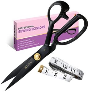 fabric scissors professional (9-inch), premium scissors for fabric cutting with bonus measuring tape – made of high density carbon steel shears, sewing scissors for fabric, leather, thin metal, etc.