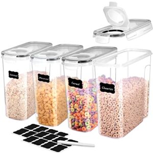 me.fan cereal storage containers [4 set] airtight food storage containers 4l(135oz) – large kitchen storage keeper with 24 chalkboard labels – bpa free, easy pouring lid (black)