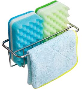 kesol adhesive kitchen sink sponge holder + dish cloth hanger + soap holder, 2-in-1 kitchen sink caddy, 304 stainless steel rust proof, water proof, no drilling (silver)