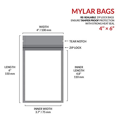 Mylar Bags with Ziplock 4" x 6" | 100 Bags | Sealable Heat Seal Bags for Candy and Food Packaging, Medications and Vitamins | Plastic and Aluminum Foil Packets for Liquid and Solids