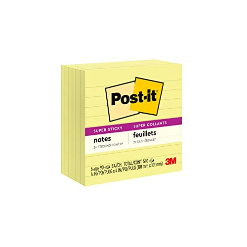 Post-it Super Sticky Notes, 2x Sticking Power, 4 x 4-Inches, Canary Yellow, Lined, 6-Pads/Pack, Model:675-6SSCY